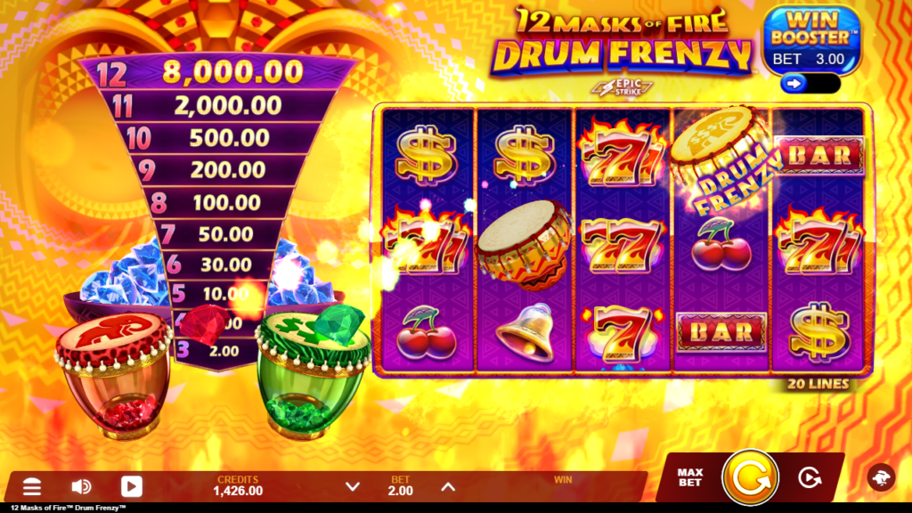 A screenshot from the casino slot game 12 Masks of Fire™ Drum Frenzy™.