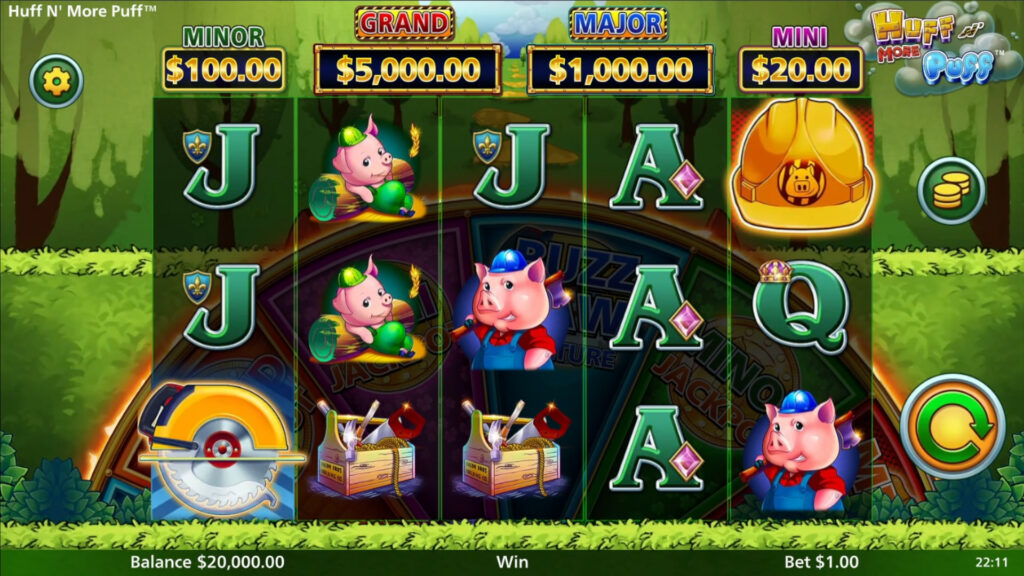 A screenshot from the online slot game Huff n’ More Puff, available on Betty.