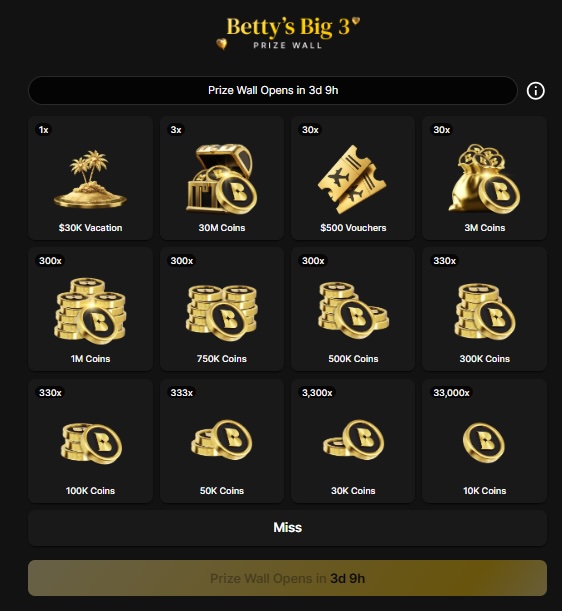 A screenshot of Betty’s Big 3 Prize Wall, which opens on February 22, 2026 at 8pm.