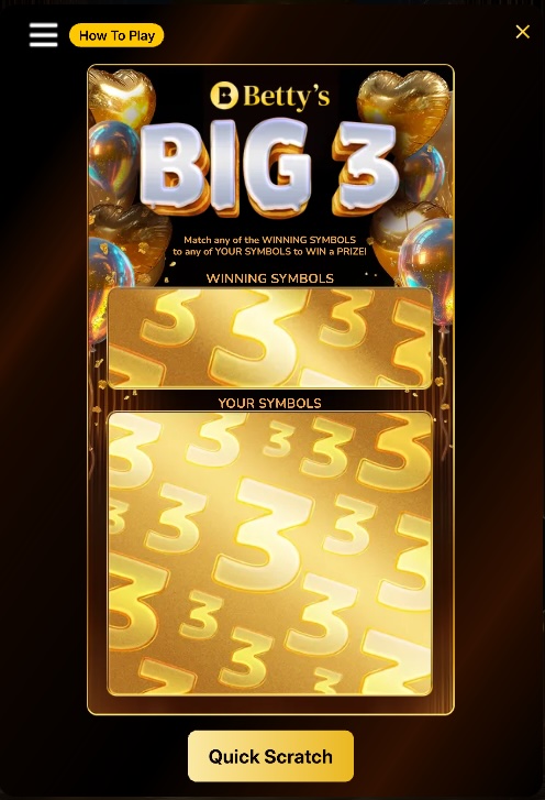 A screenshot of Betty’s Big 3 Scratch Card.