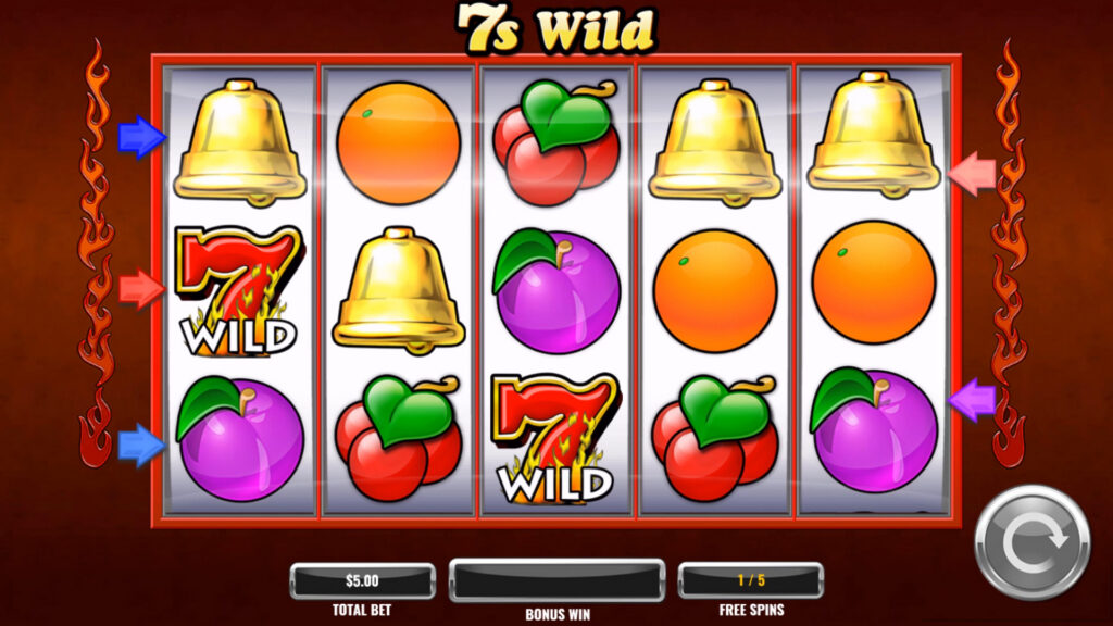 A screenshot of the casino slot game 7s Wild its free spins mechanic.