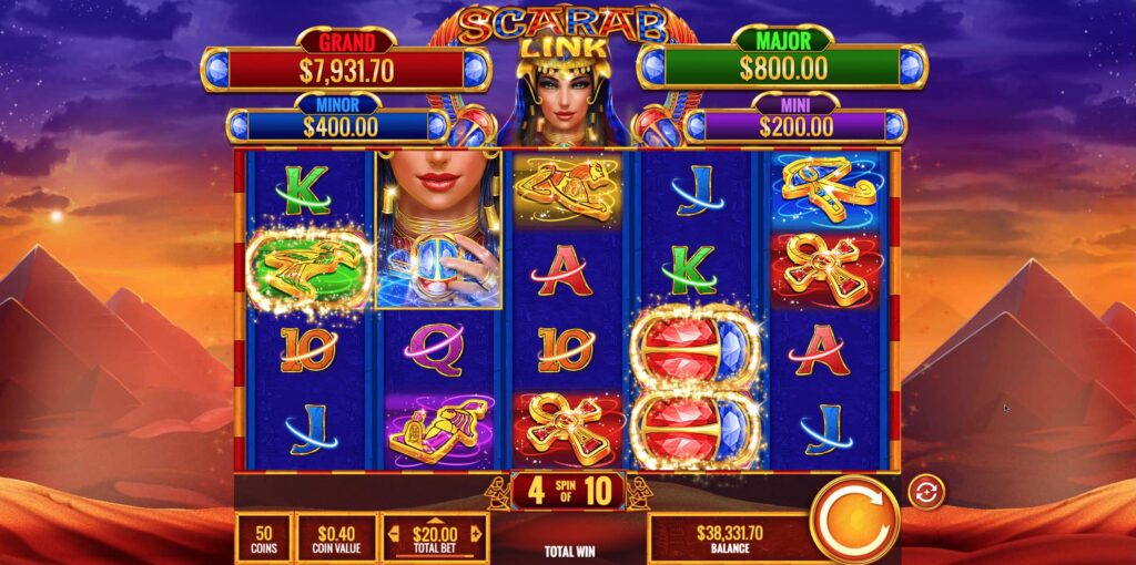 A screenshot from the casino slot game Scarab Link.