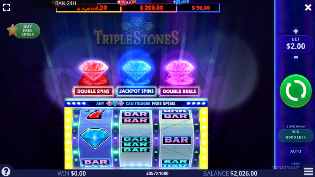 A screenshot from the casino slot game Triple Stones.