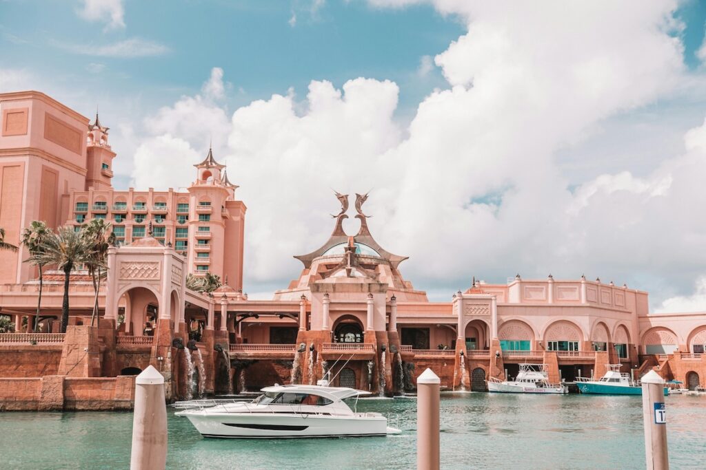 A photograph of the exterior of the Atlantis resort in the Bahamas.