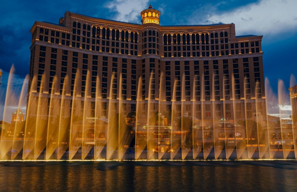 A photograph of the Bellagio casino.