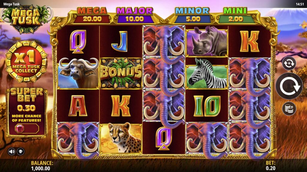 A screenshot from the casino slot game Mega Tusk with medium volatility.