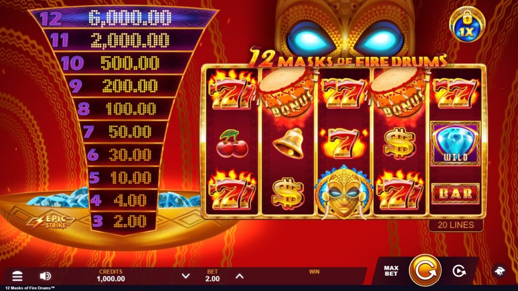 A screenshot of the real money casino slot game 12 Masks of Fire Drums™.