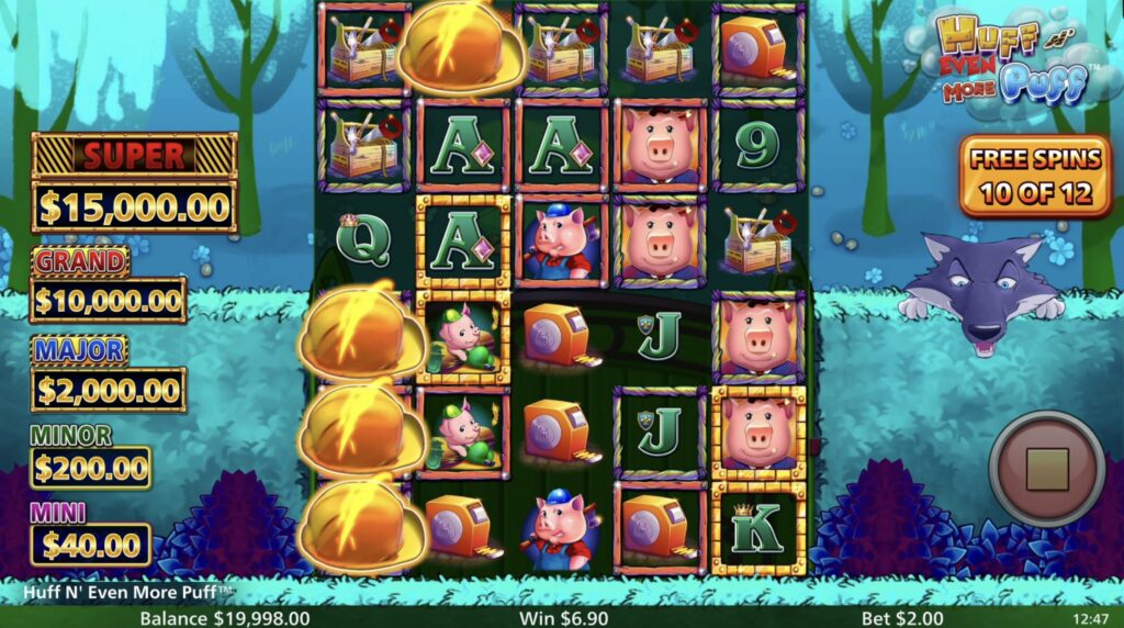 A screenshot of the real money casino slot game Huff N’ Even More Puff.