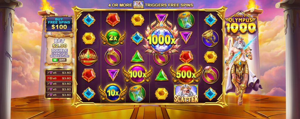 A screenshot of the real money casino slot game Gates of Olympus 1000.