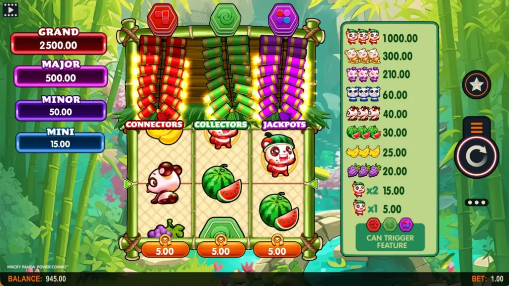 A screenshot from the casino slot game Wacky Panda Power Combo™ with high volatility.