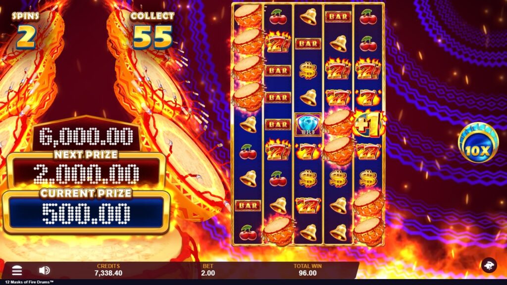A screenshot of the real money casino slot game 12 Masks of Fire™ Drums.