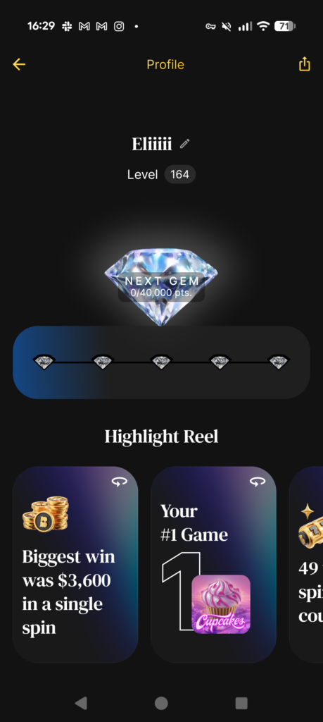 A screenshot of the new player profile screen on Betty.
