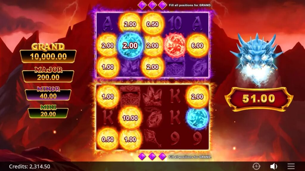 The bonus round in Area Link™ Dragon with the purple, red, and blue eggs activated.