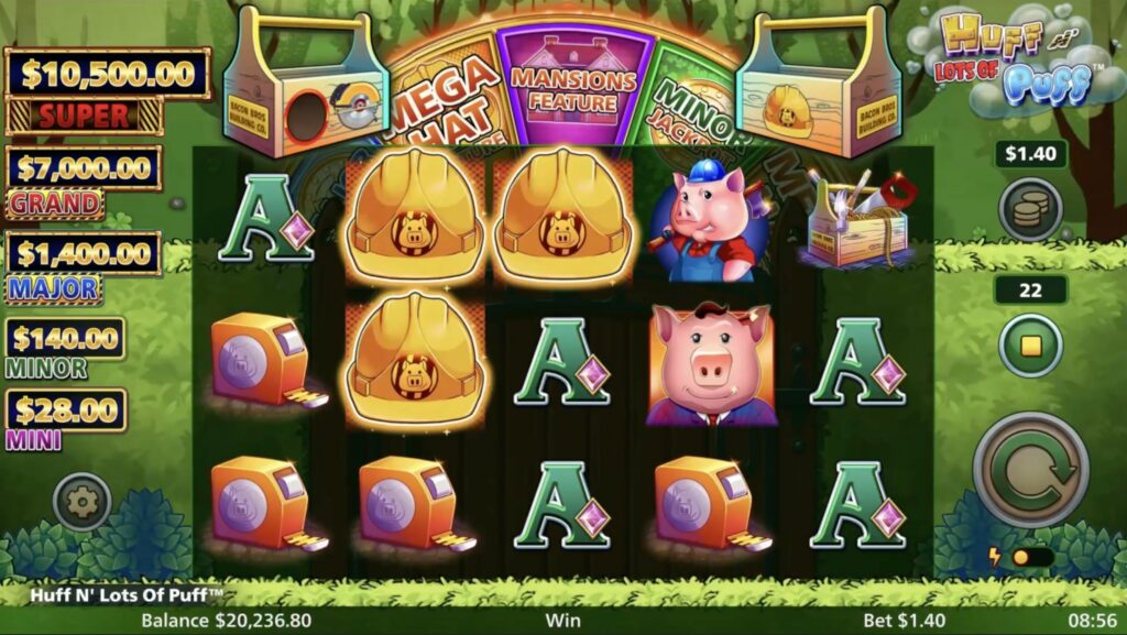 The base game screen of the real money casino slot game Huff N' Lots of Puff.