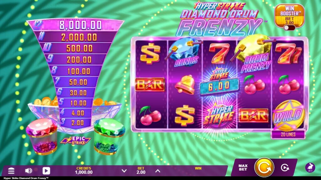 A screenshot of the real money casino slot game Hyper Strike Diamond Drum Frenzy.