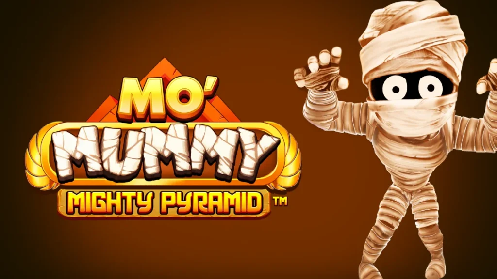 The promotional banner for real money casino slot game Mo' Mummy Mighty Pyramid.