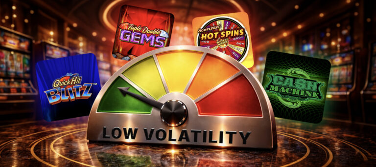 A meter that says low volatility, with the icons of low volatility slot games in the background.