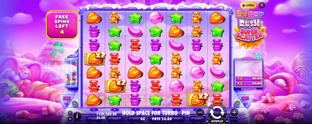 A screenshot of the real money casino slot game Sugar Rush Super Scatter.