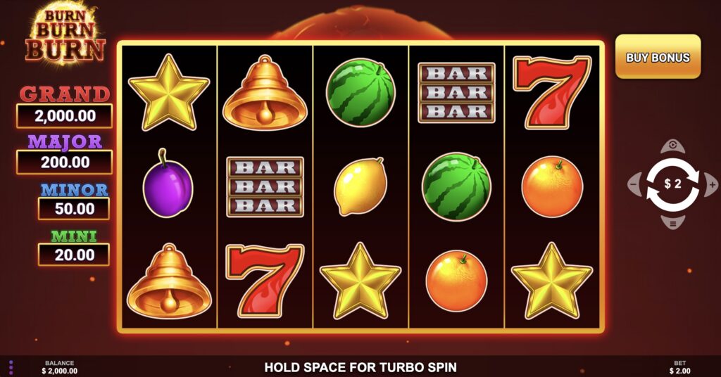 The base game screen of the real money casino slot game Burn Burn Burn.