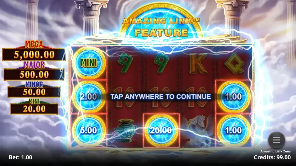 A screenshot of the Amazing Link feature active in the casino slot game Amazing Link Zeus.