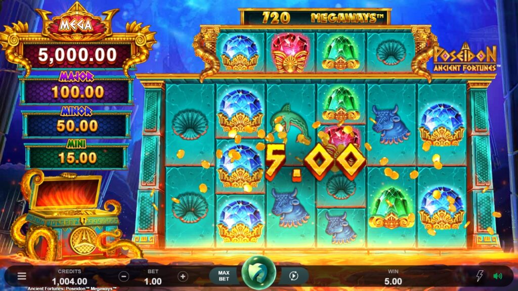 The reels of the real money casino game Ancient Fortunes Poseidon Megaways.