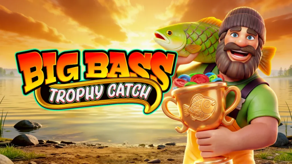 A promotional banner for the real money casino slot game Big Bass Trophy Catch.