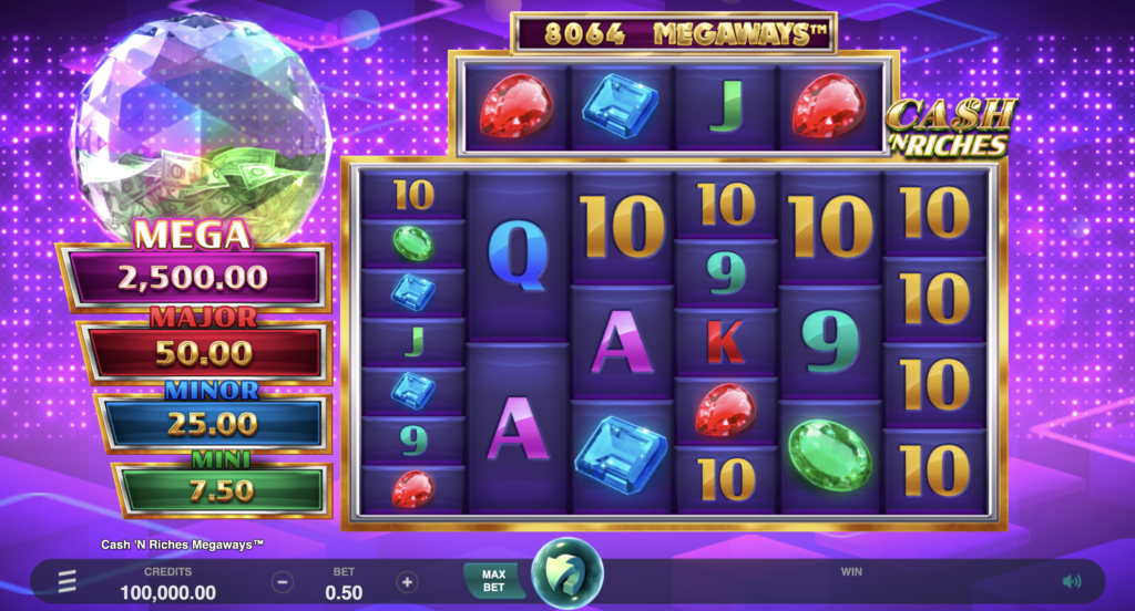 The base game screen of the real money casino slot game Cash 'N Riches Megaways™.