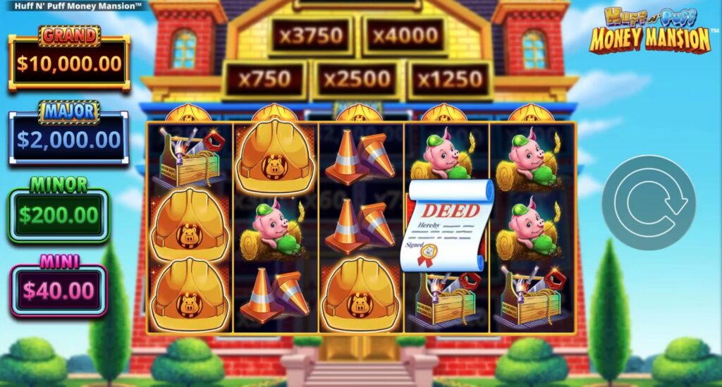 The base game screen of Huff N’ Puff Money Mansion.