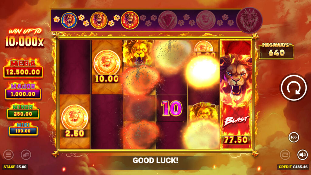 The base game screen of the real money casino slot game Majestic Fury Megaways Unleashed.