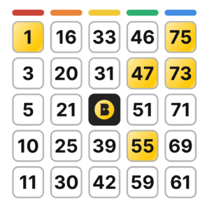 A screenshot of the Betty bingo card, with a few numbers daubed.