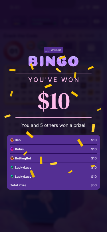 The winning screen in Betty Bingo.