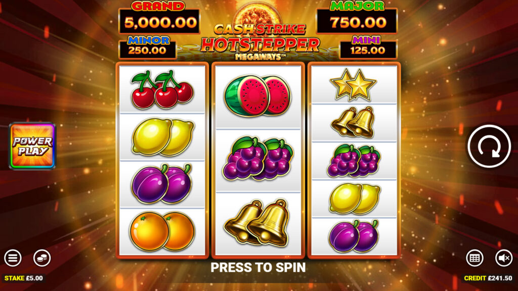 The base game screen of the real money casino slot game Cash Strike Hotstepper Megaways.