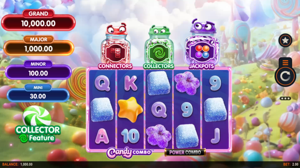 Screenshot of Candy Combo slot gameplay showing candy symbols, the Connectors, Collectors, and Jackpots prize ladder, and an active Collector Feature.