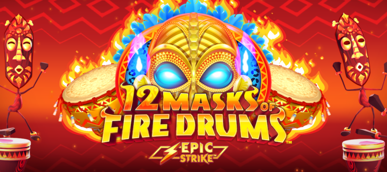 A promotional banner feature image for a review of 12 Masks of Fire Drums, a casino slot game.