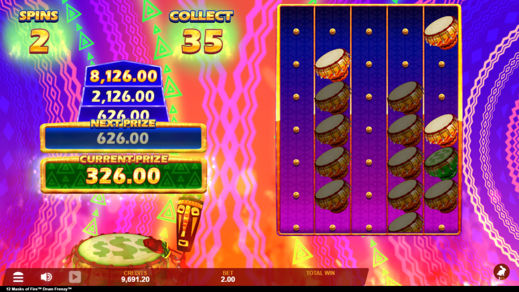 Screenshot of 12 Masks of Fire Drum Frenzy slot gameplay showing the Spins and Collect meter beside a rising prize ladder and drum symbols.