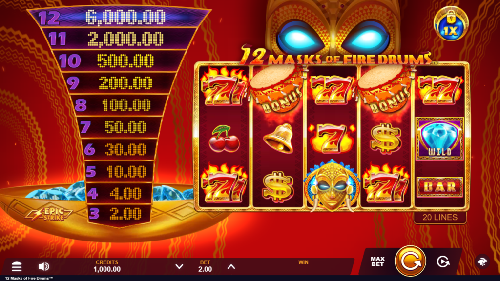 Screenshot of 12 Masks of Fire Drums slot showing sevens and bonus symbols beside an ascending Epic Strike prize ladder from 2 to 6,000.