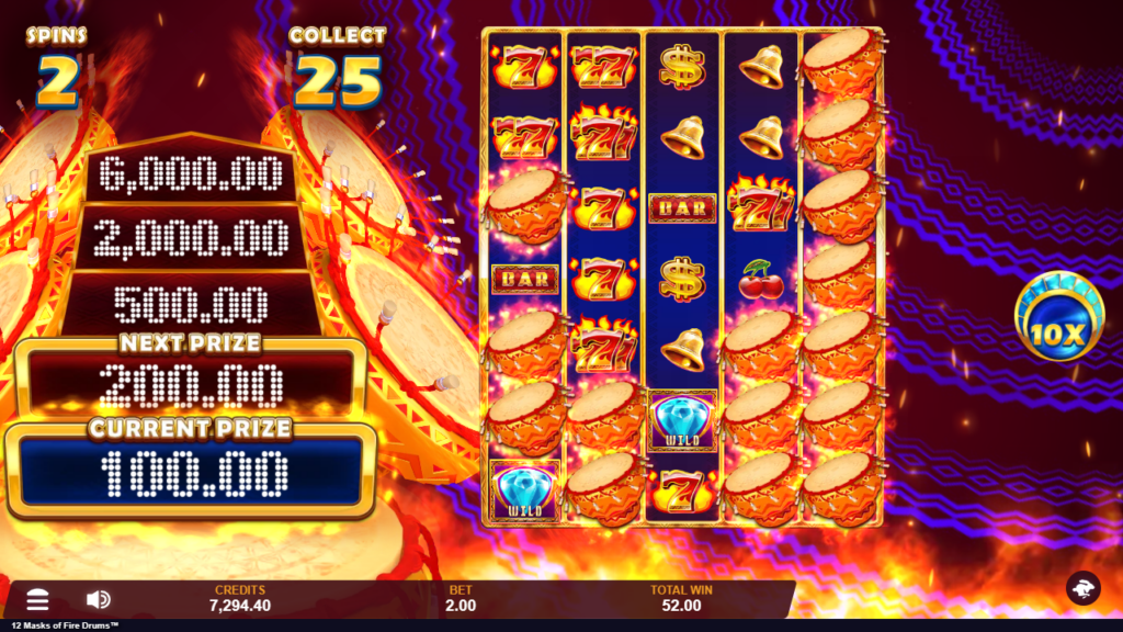 A screenshot from the real money casino slot game 12 Masks of Fire Drums™, showing the free spins feature activating.