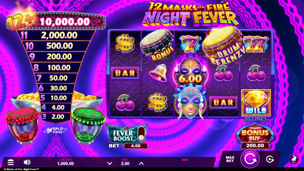 12 Masks of Fire: Night Fever base game reels showing the mask, seven, dollar sign, bar, cherries and wild symbols.