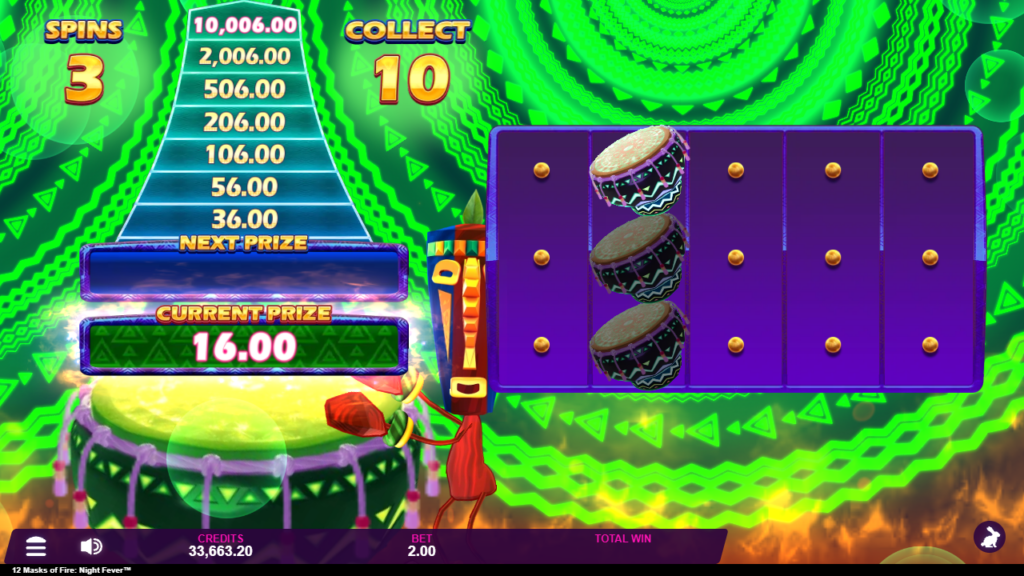 The 12 Masks of Fire Night Fever Tower Bonus screen with a green prize ladder and a grid of drum symbols.