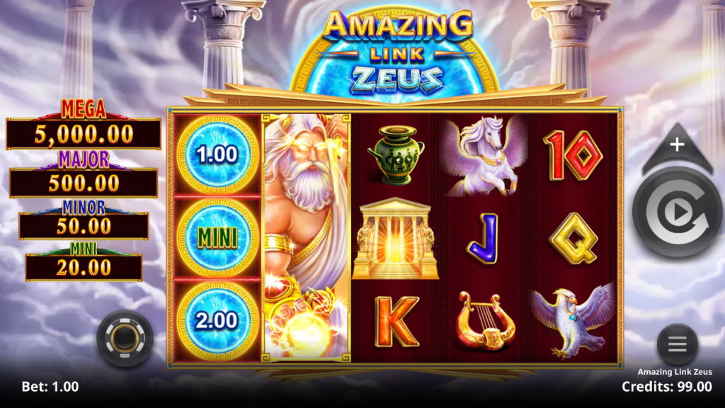 Screenshot of Amazing Link Zeus slot gameplay showing Zeus and mythology-themed symbols beside the Mega, Major, Minor, and Mini jackpot ladder.