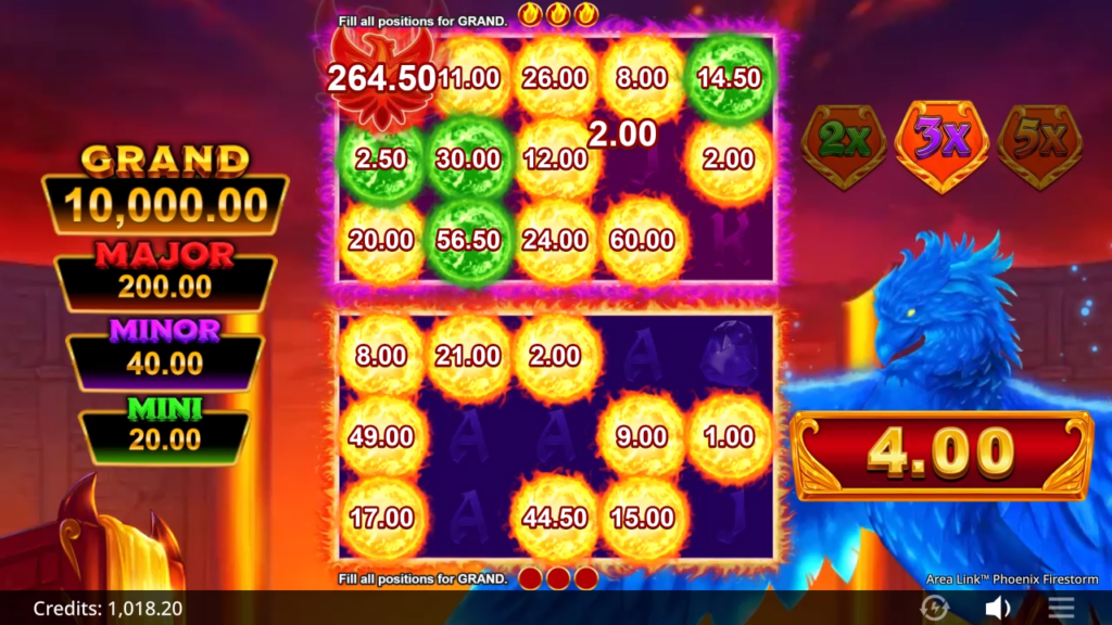 Screenshot of Area Link™ Phoenix Firestorm slot showing a grid of coin values building toward the Grand, Major, Minor, and Mini jackpots beside a blue phoenix.
