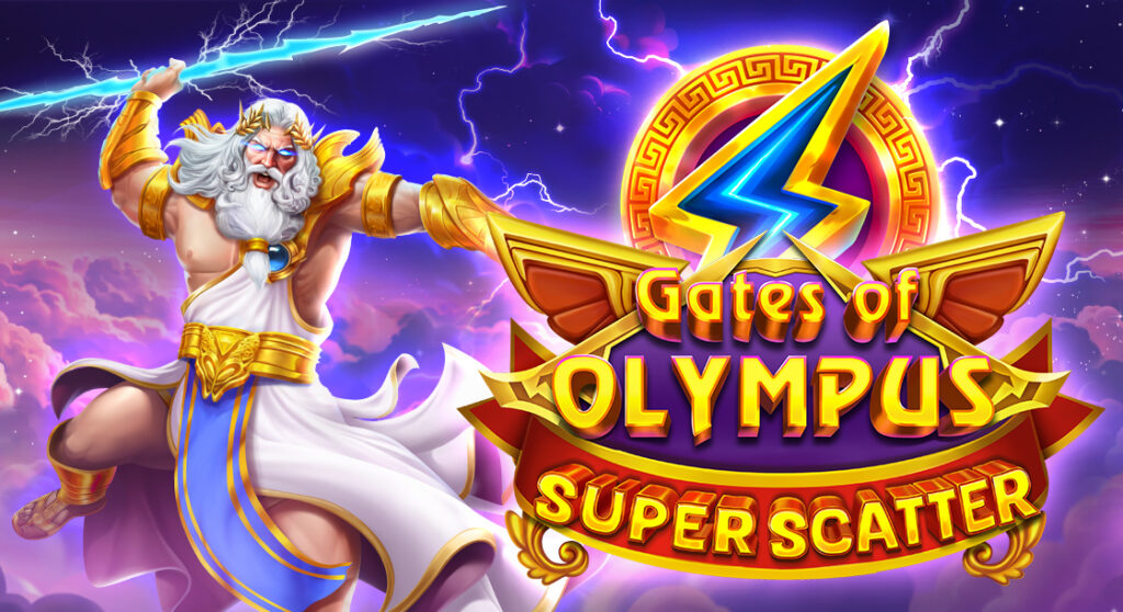 Promotional artwork for Gates of Olympus Super Scatter showing Zeus wielding a lightning bolt beside the game’s logo.