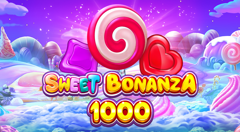 Promotional artwork for Sweet Bonanza 1000 showing candy, lollipop, and gumdrop illustrations around the game’s logo.