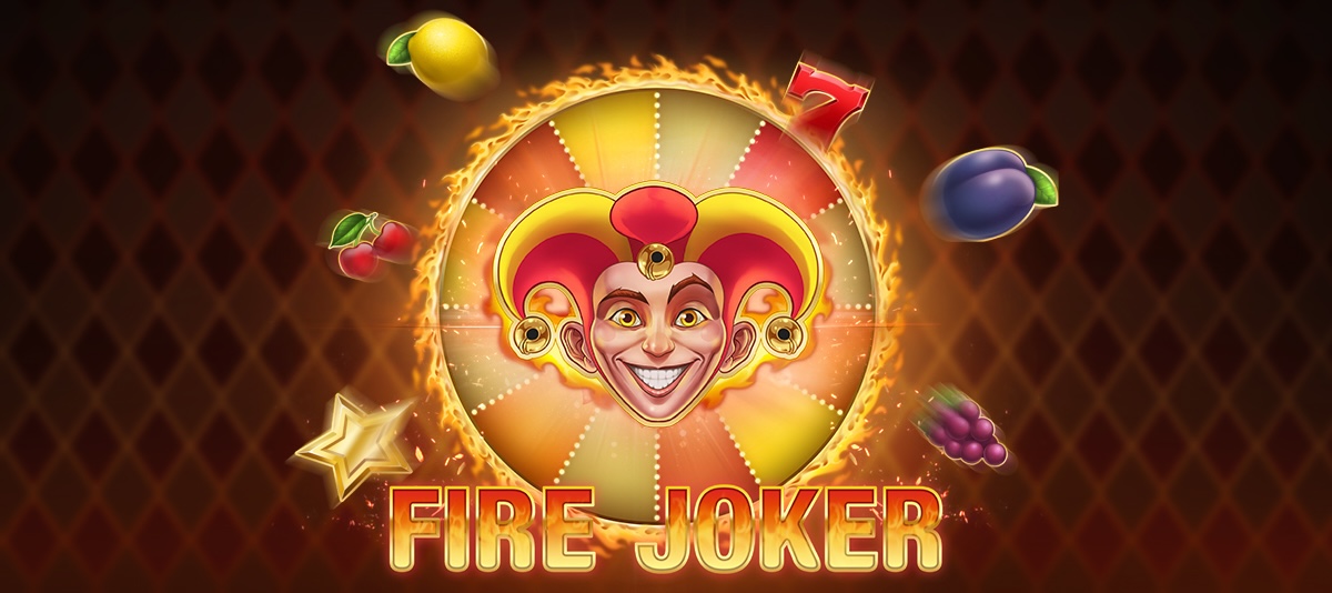 A feature image for a review of the real money casino slot game Fire Joker, showing the game title, a joker symbol, and fruit symbols flying out from the centre.
