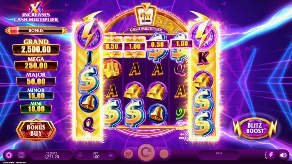 Screenshot of Gold Blitz Ultimate slot gameplay with letter and cash symbols, a five-tier jackpot ladder, and Bonus Buy and Blitz Boost buttons.