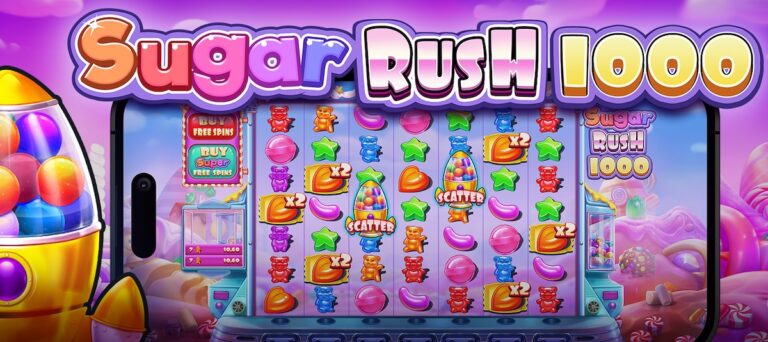 A promotional banner/feature image for Betty Casino's review of the real money casino slot game Sugar Rush 1000. It shows a screenshot of the game and the title.