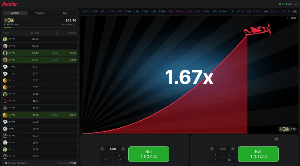 Aviator crash game showing a red flight curve at 1.67x.