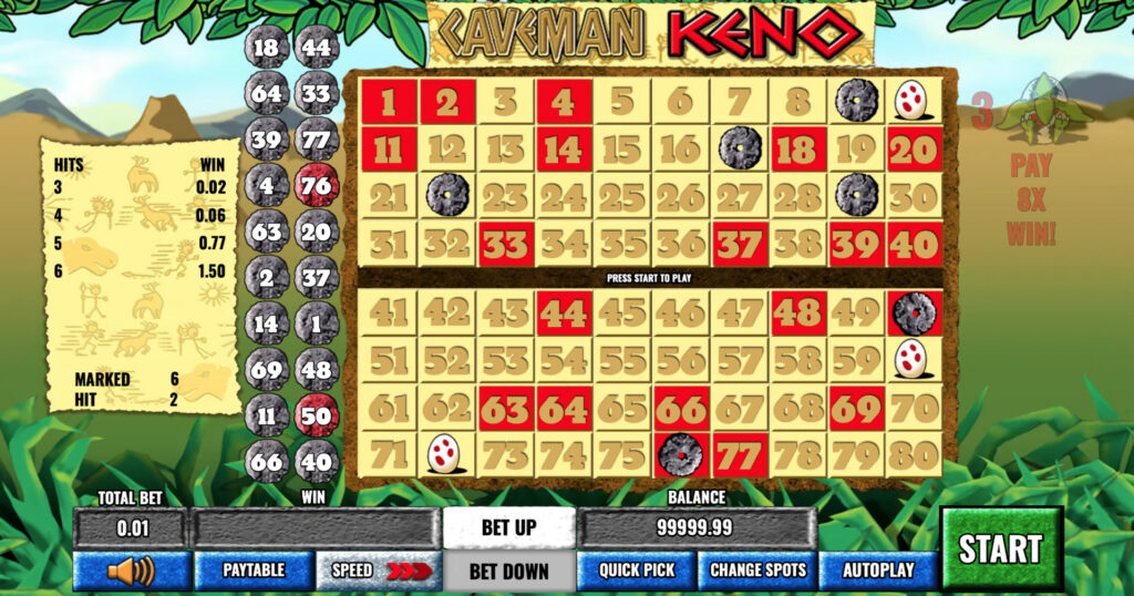 Caveman Keno board of numbered stone tiles with prehistoric artwork.