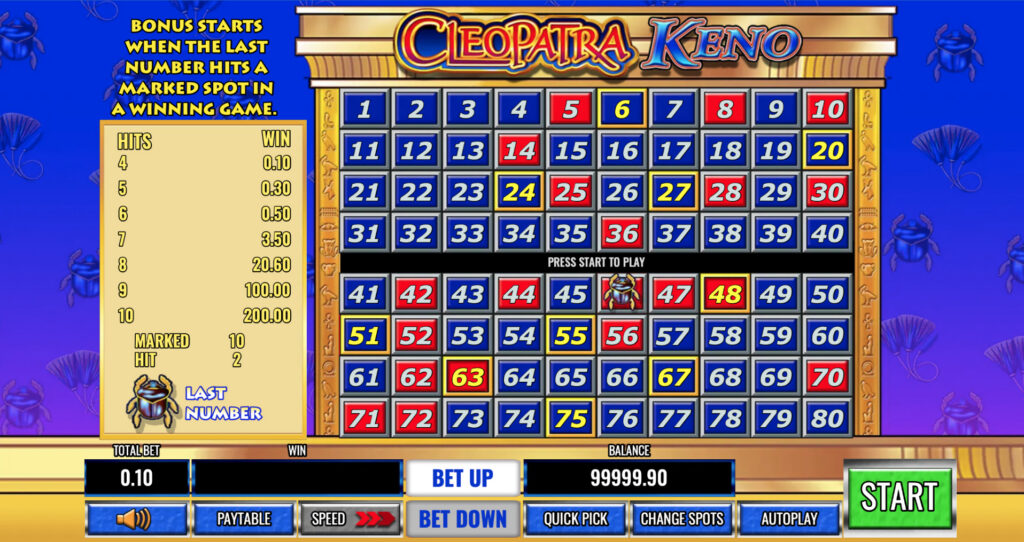 Cleopatra Keno board with 80 numbers and Egyptian styling.