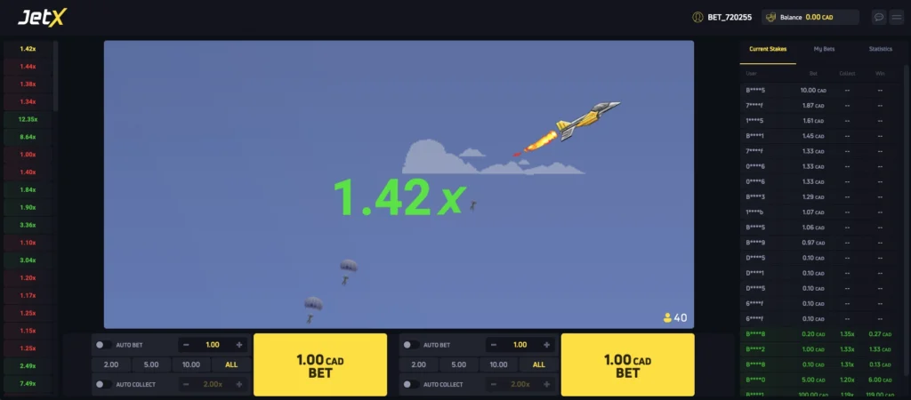 JetX crash game with a pixel jet rising and a 1.42x multiplier.